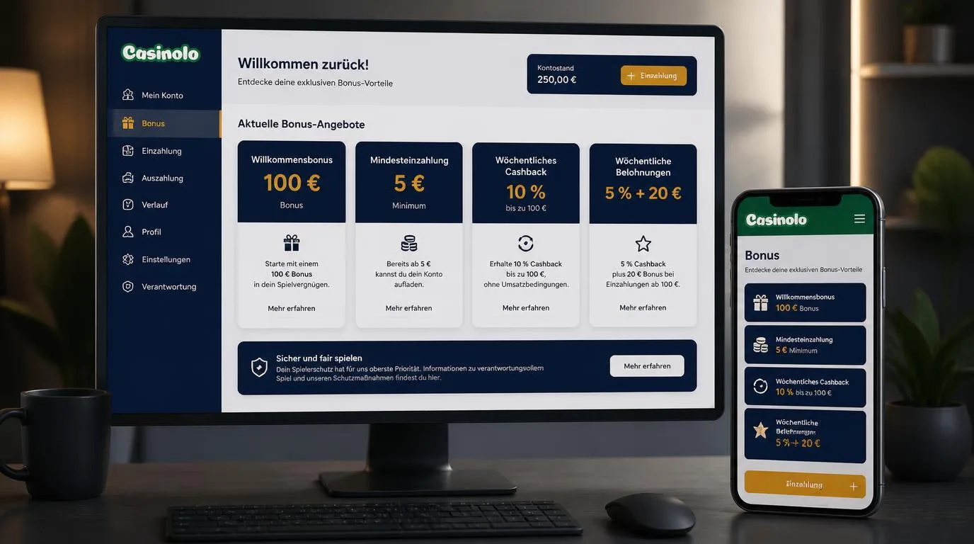 Bonus- und Cashback-Übersicht mit Willkommensangebot, Mindesteinzahlung und wöchentlichen Belohnungen