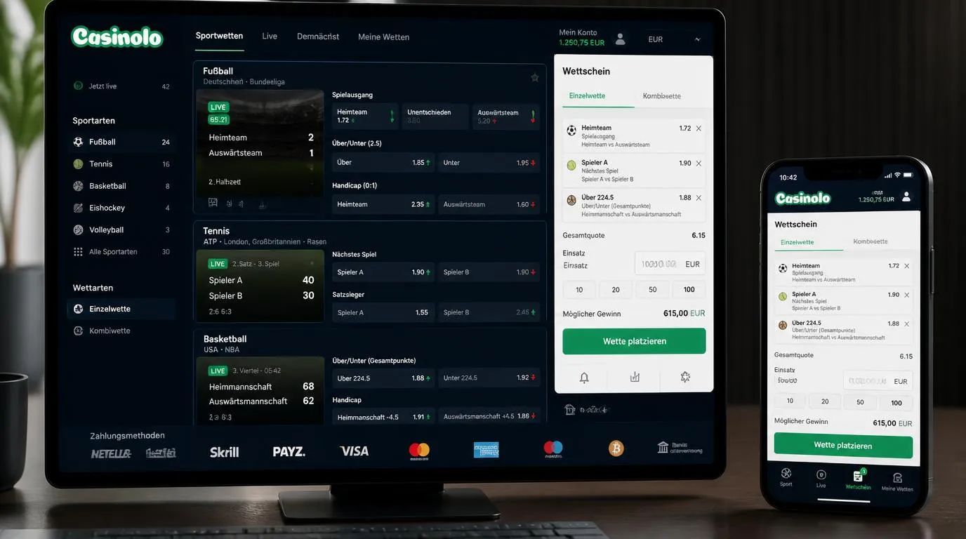 Live-Wettschein mit Quoten für Fußball, Tennis und Basketball sowie Auswahl für Einzel- und Kombiwetten