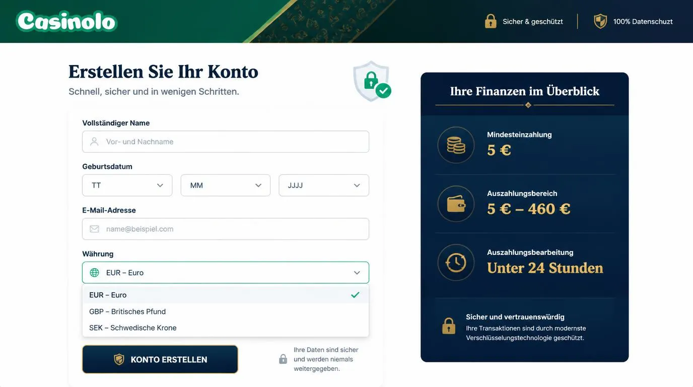 Registrierungsformular mit Kontodaten, Währungsauswahl EUR und Übersicht zu Ein- und Auszahlungen