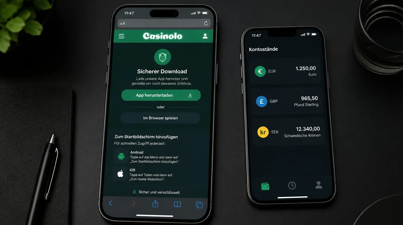 Smartphone mit Browser-Shortcut und sicherem Downloadbereich für eine Casino-App