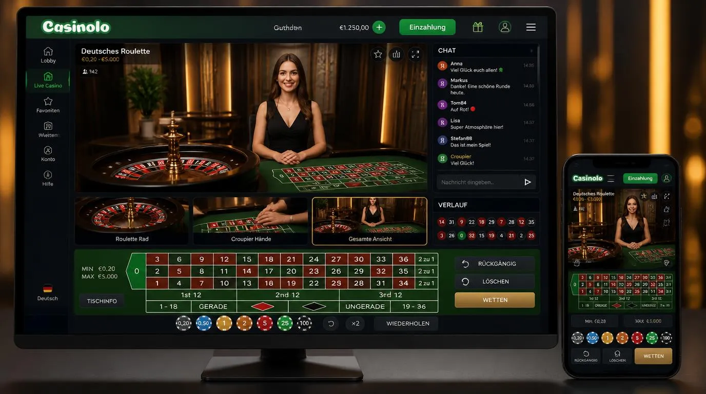 Live-Casino-Oberfläche mit Dealer am Roulettetisch, Chatfenster, Einsatzhistorie und mehreren Kameraperspektiven