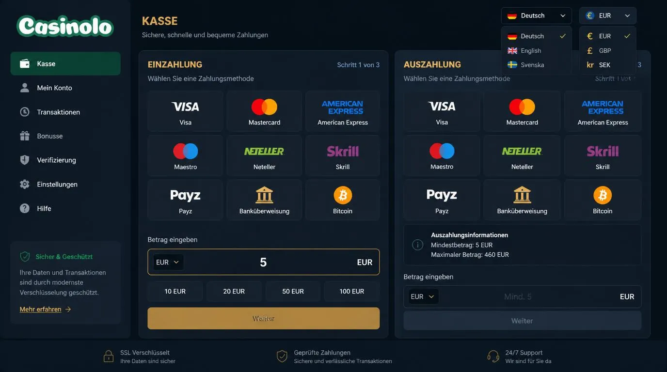 Casino-Kassenbereich mit Karten, E-Wallets, Bitcoin und Euro-Auszahlungsübersicht
