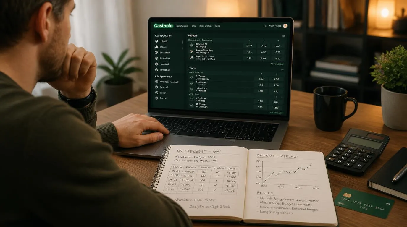 Sportwetter prüft auf Laptop Budget, Einsätze und Wettstatistik mit Notizbuch und Taschenrechner