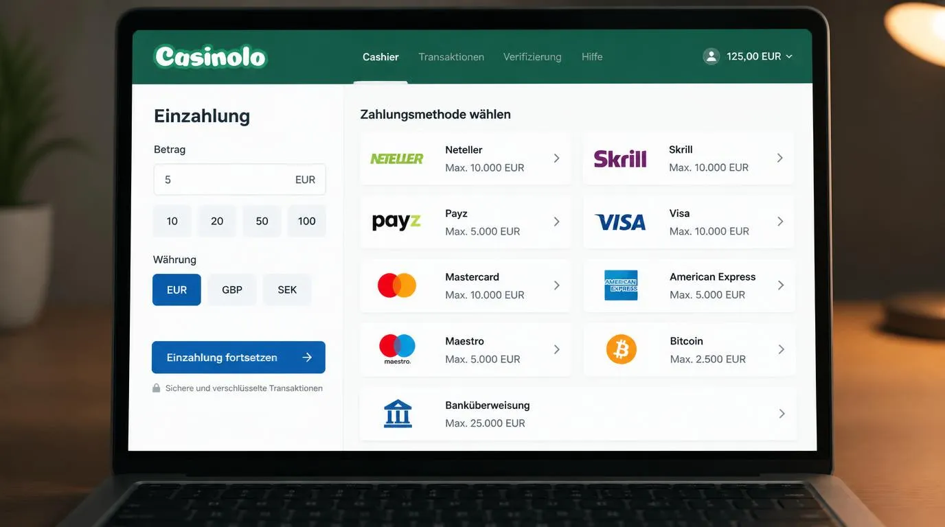 Kassenbereich mit Zahlungsarten, 5-Euro-Mindesteinzahlung und auswählbaren Kontowährungen