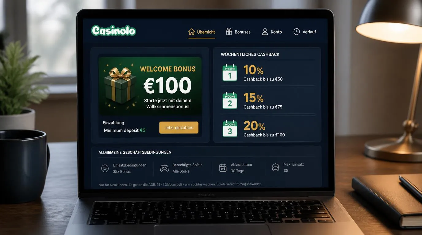 Bonusbereich eines Online-Casinos mit Willkommensangebot, Mindesteinzahlung und wöchentlichem Cashback