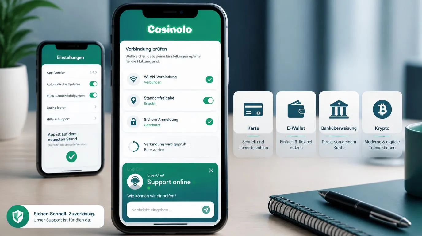 Smartphone mit Casino-App, Standortfreigabe, Login-Prüfung und geöffnetem Live-Chat