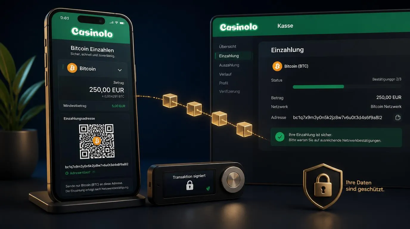 Bitcoin-Einzahlung im Casino mit Wallet-Adresse, Netzwerkprüfung und bestätigter Transaktion