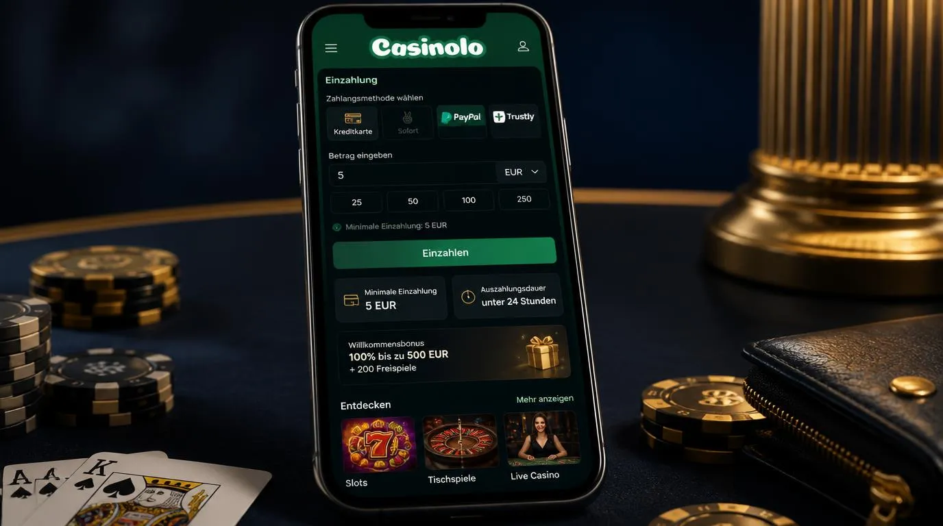 Casino-Zahlungsübersicht mit 5-Euro-Einzahlung und schneller Auszahlungsbearbeitung auf einem Smartphone