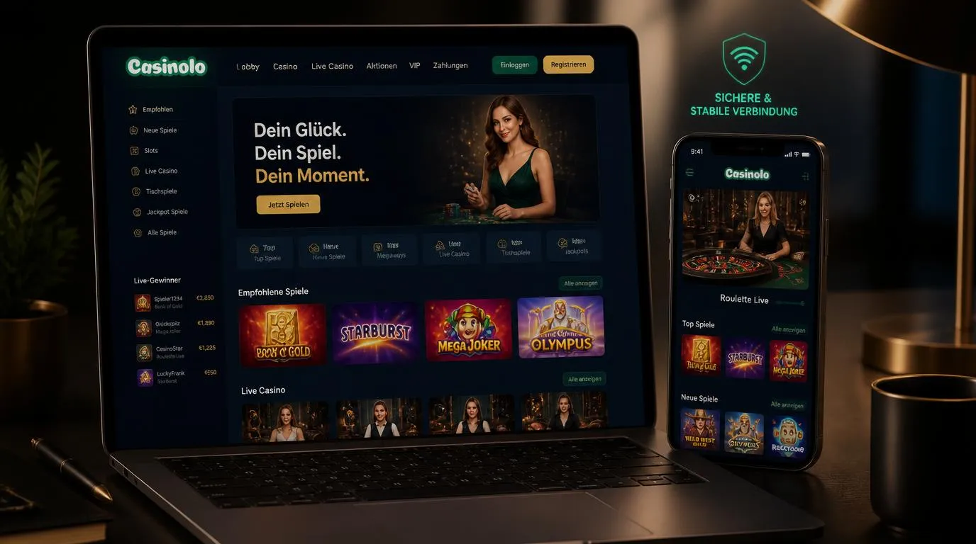 Moderne Casino-Oberfläche auf Laptop und Smartphone mit farbigen Spielkacheln und stabiler Technik